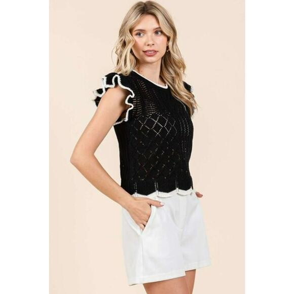 Mittoshop Multi Pattern Contrast Trim Ruffled Cap Sleeves Knit Sweater | Black - Picture 4 of 7